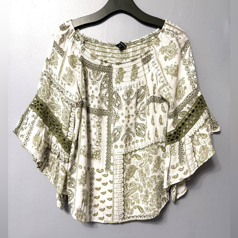 #12)  Unique Spectrum Olive and Cream Boho Blouse